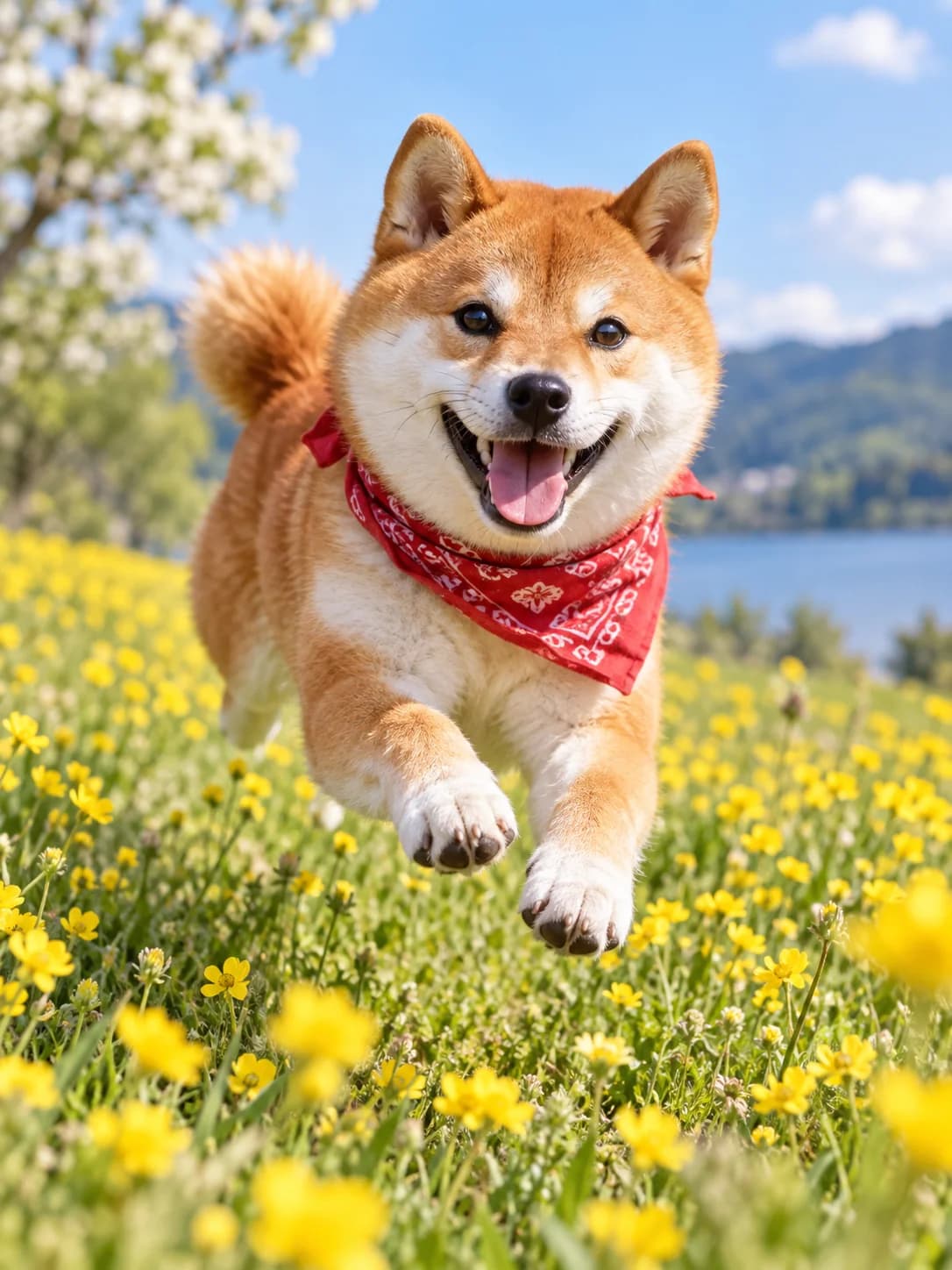Shiba inu running through a field of yellow flowers
