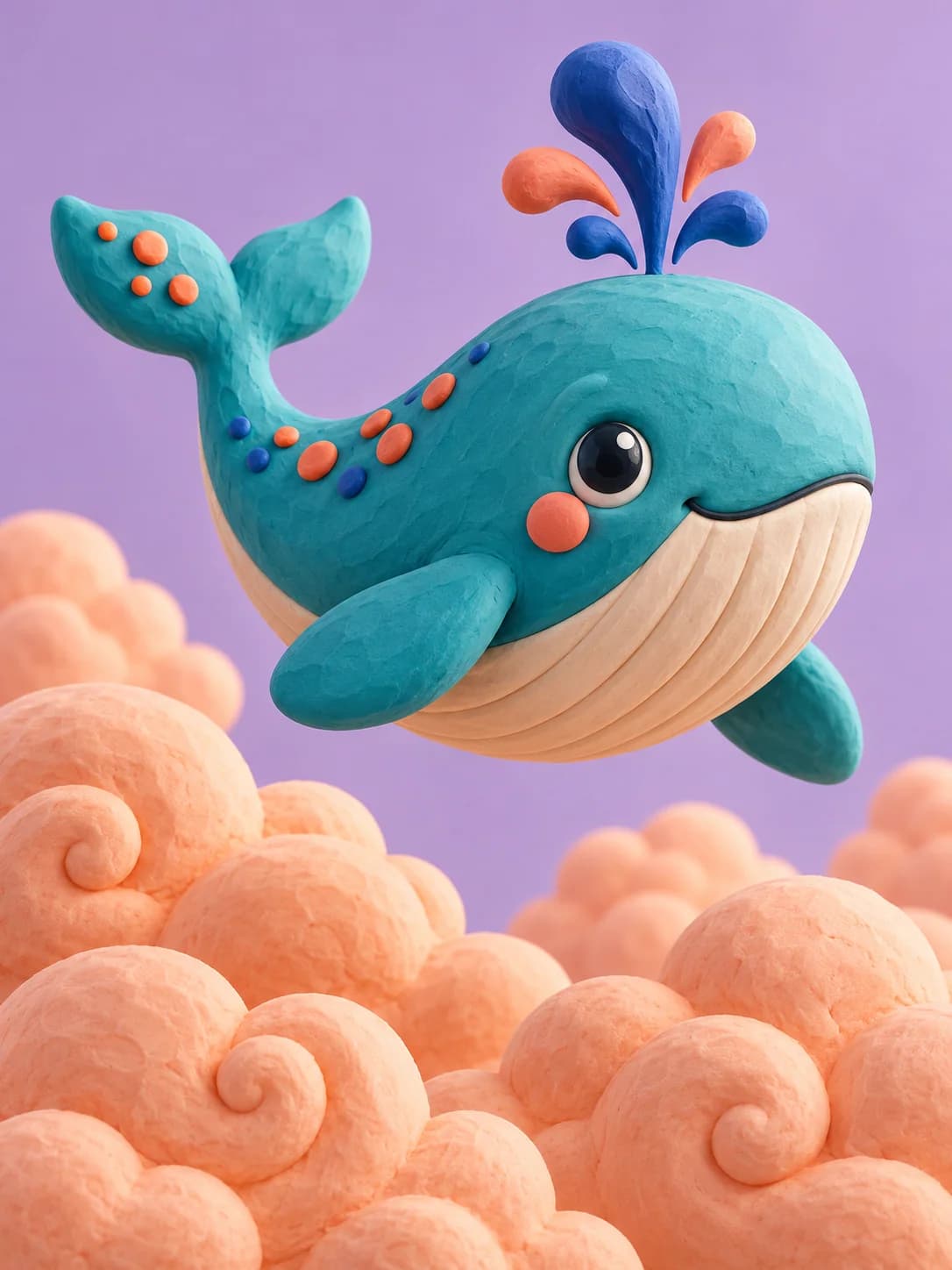 Playful turquoise clay whale above peach-colored clouds