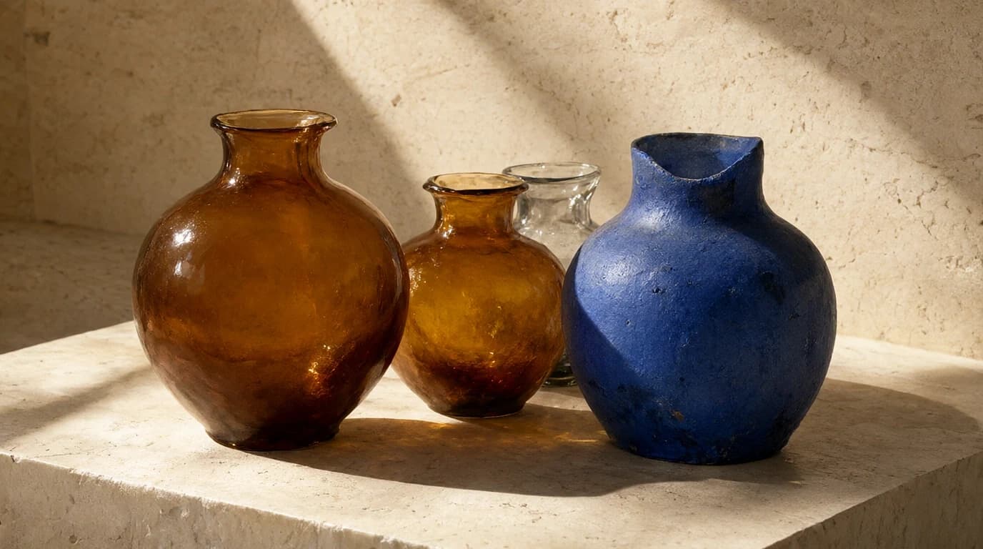 Amber glass and cobalt ceramic still life generated with Qwen Image 2.1