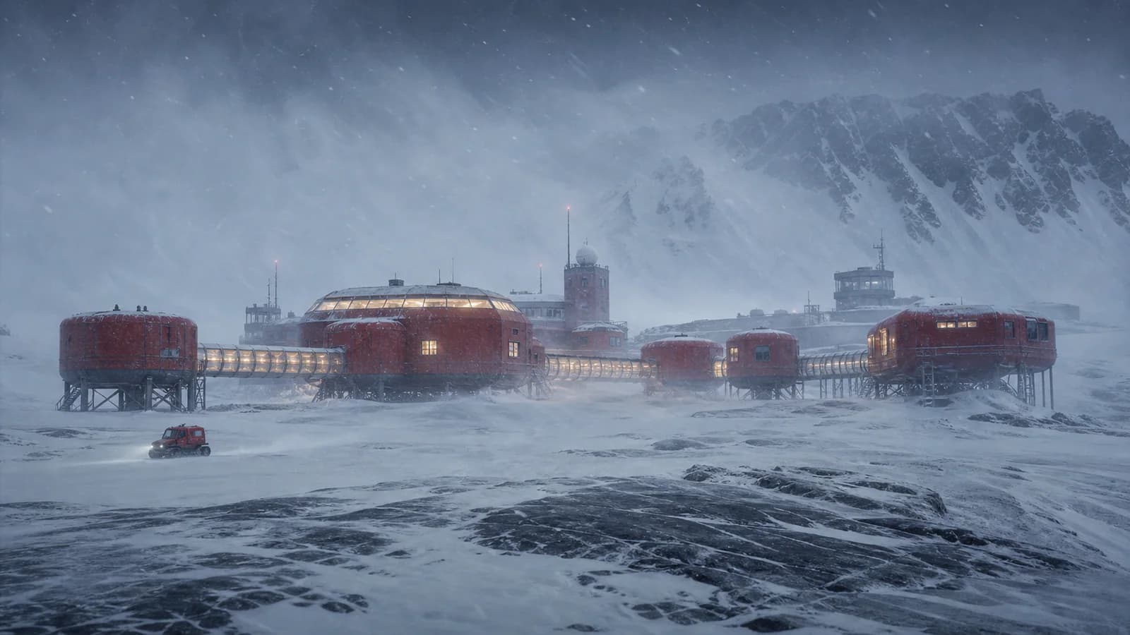 Red arctic research station connected by glowing tunnels in a snowstorm