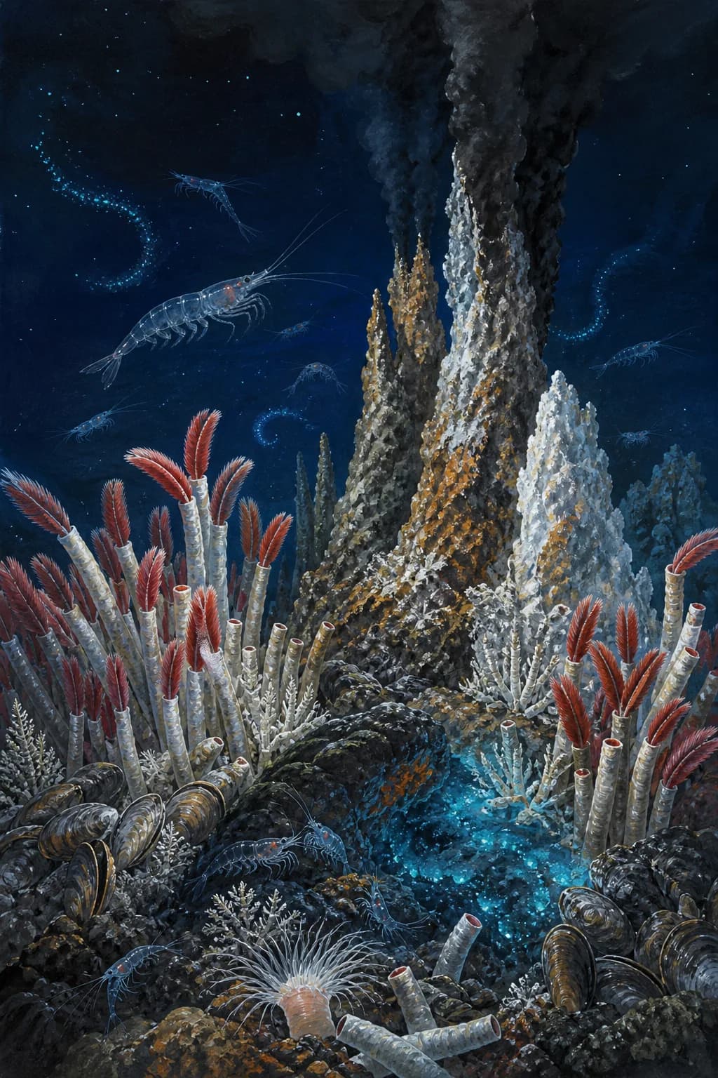 Natural-history illustration of a deep-sea hydrothermal vent ecosystem