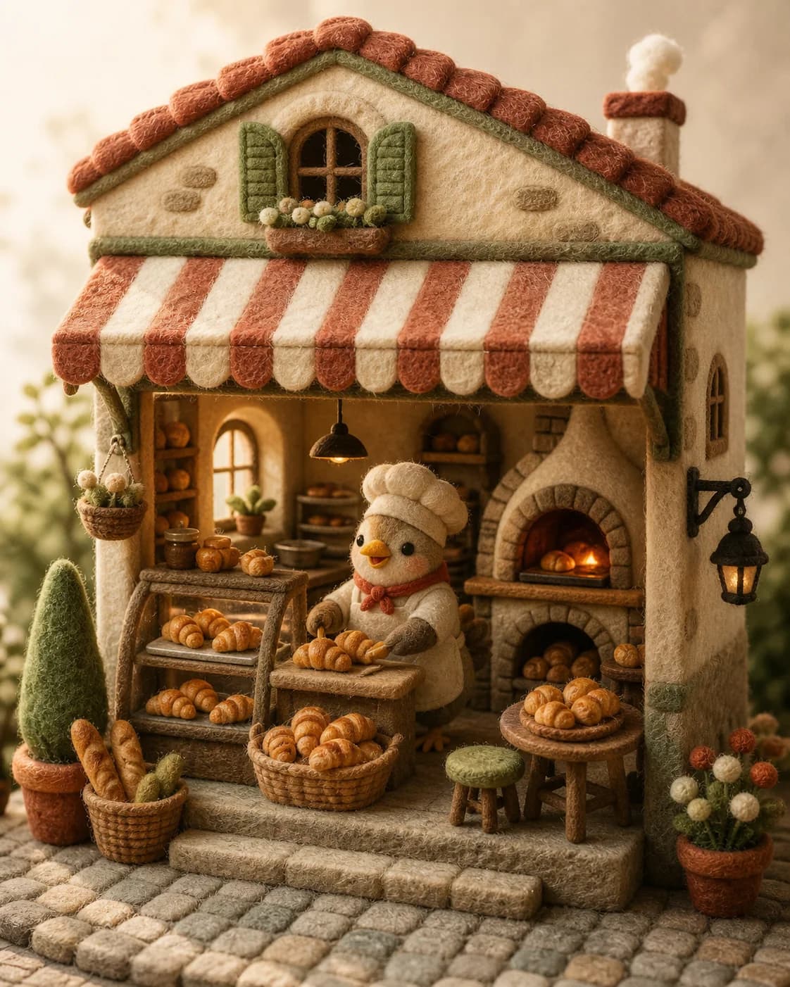 Handcrafted felt bakery miniature with a bird baker and tiny pastries