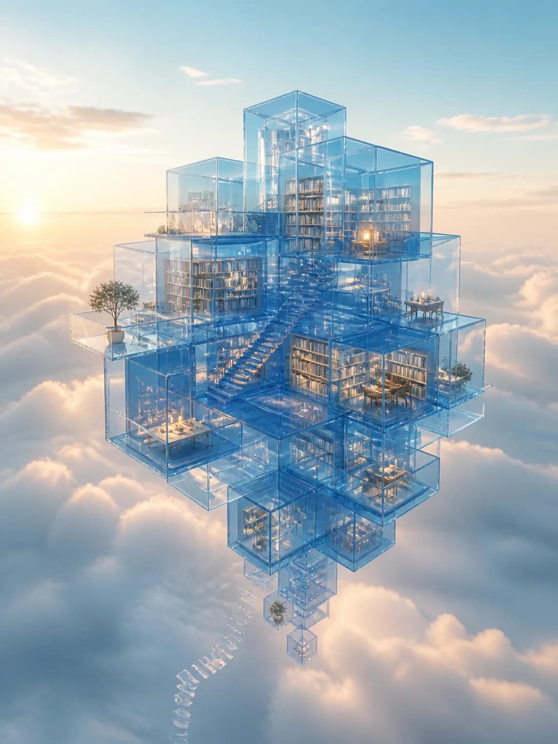 Floating library built from translucent blue glass cubes above clouds
