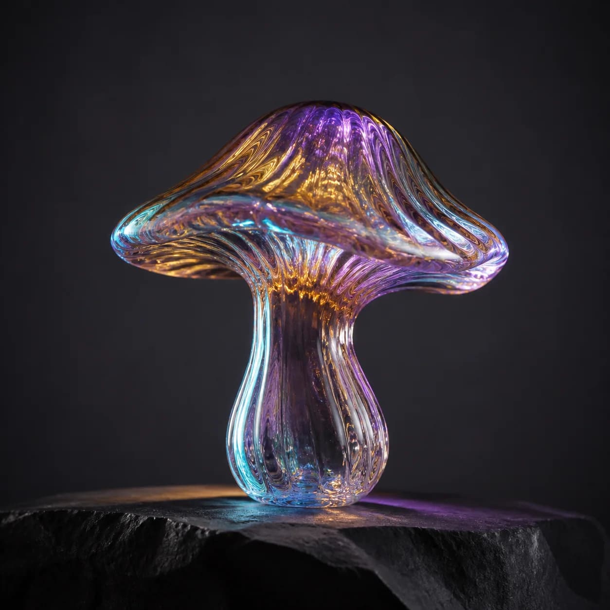 Iridescent glass mushroom sculpture photographed in a dark studio