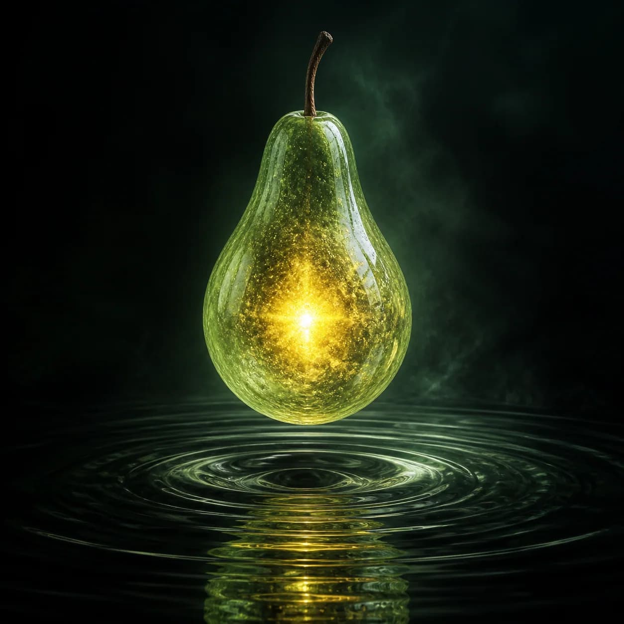 Translucent luminous pear levitating above rippled black water