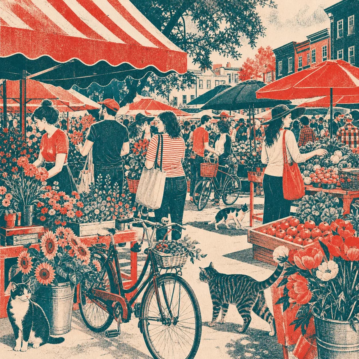 Two-color risograph illustration of a lively farmers market
