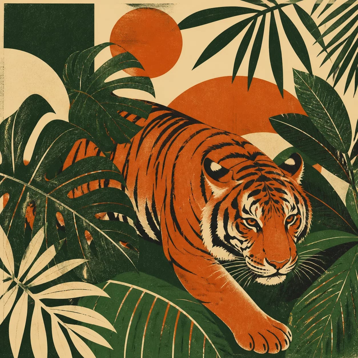 Bold screen print tiger moving through tropical leaves