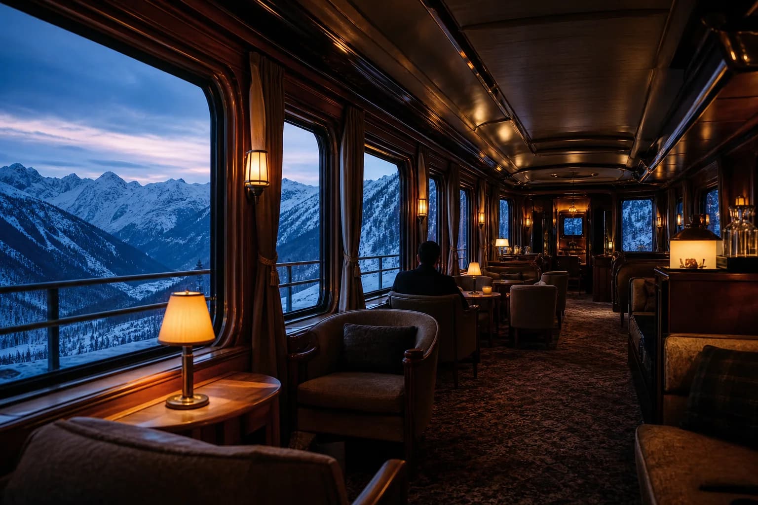 Cinematic sleeper train lounge crossing snowy mountains at blue hour