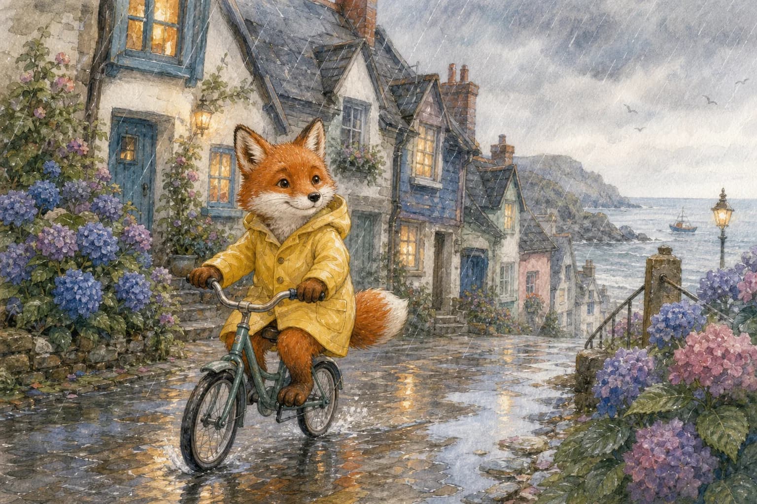 Watercolor fox riding a bicycle through a rainy coastal village