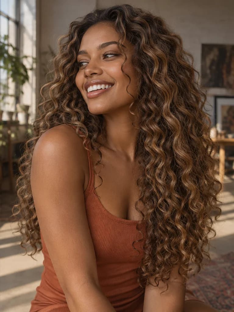 Laughing woman with long curls comparing dark brunette hair and caramel balayage in an artist loft; illustrative color preview
