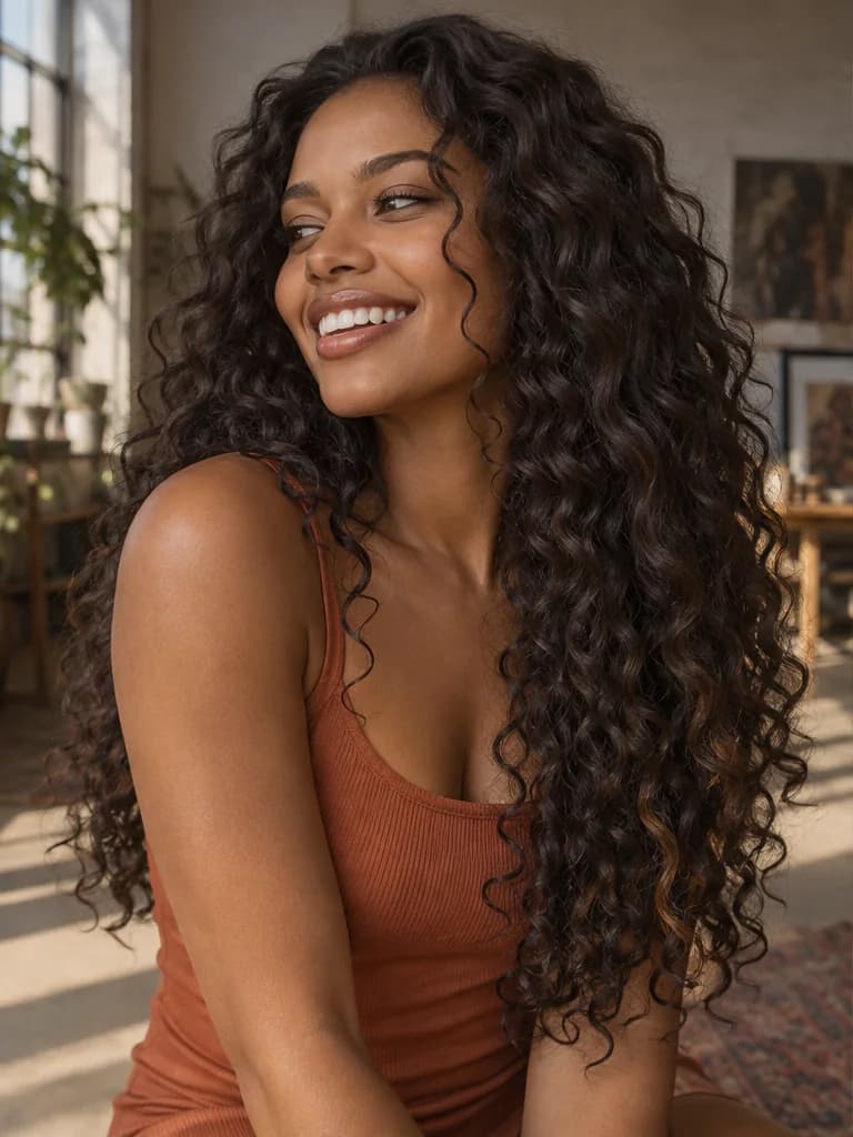 Laughing woman with long curls comparing dark brunette hair and caramel balayage in an artist loft; before color change
