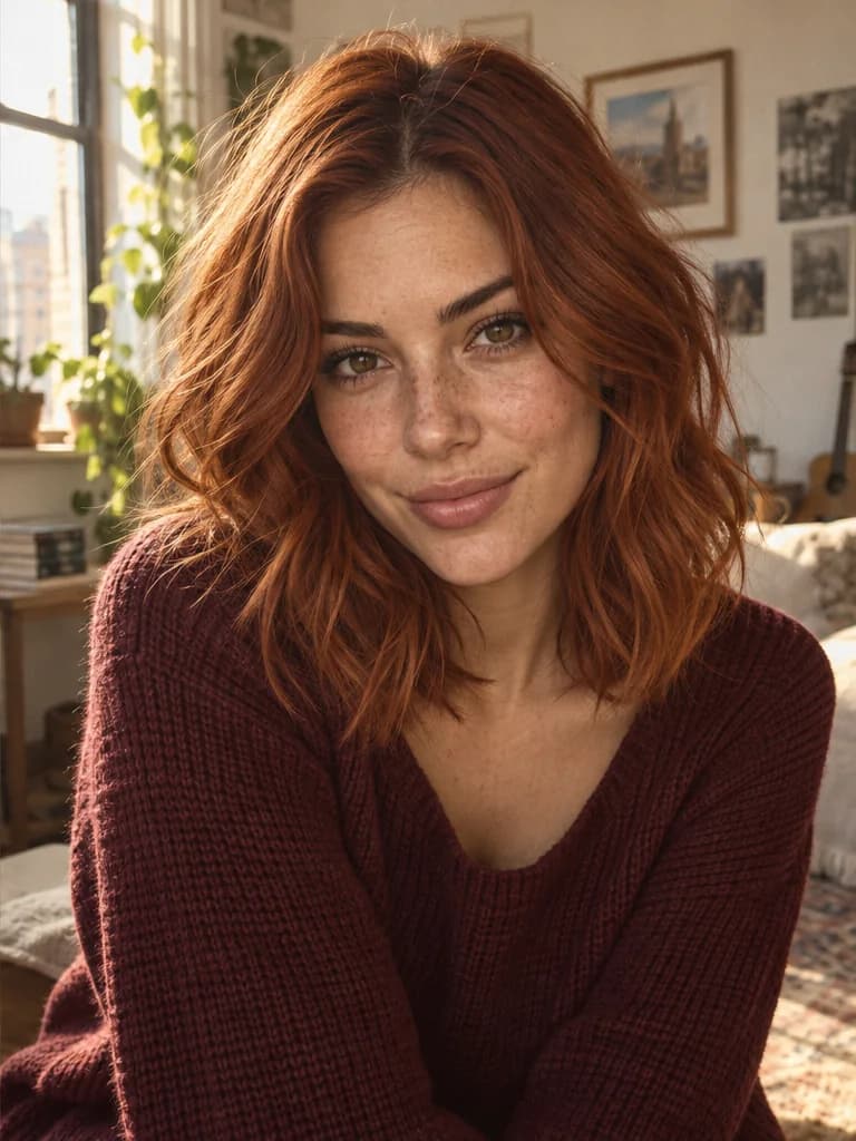 Freckled woman in afternoon window light, comparing brunette waves with copper auburn hair; illustrative color preview