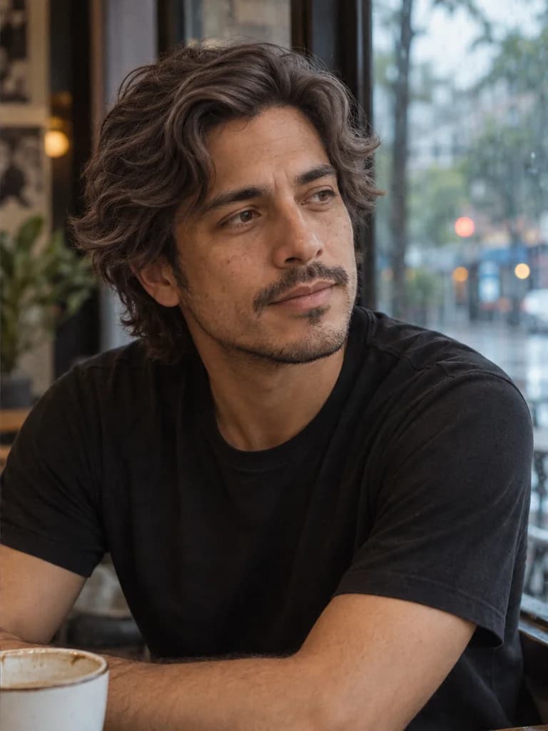Man with wavy hair at a cafe window comparing warm chocolate and cool ash brown shades; illustrative color preview