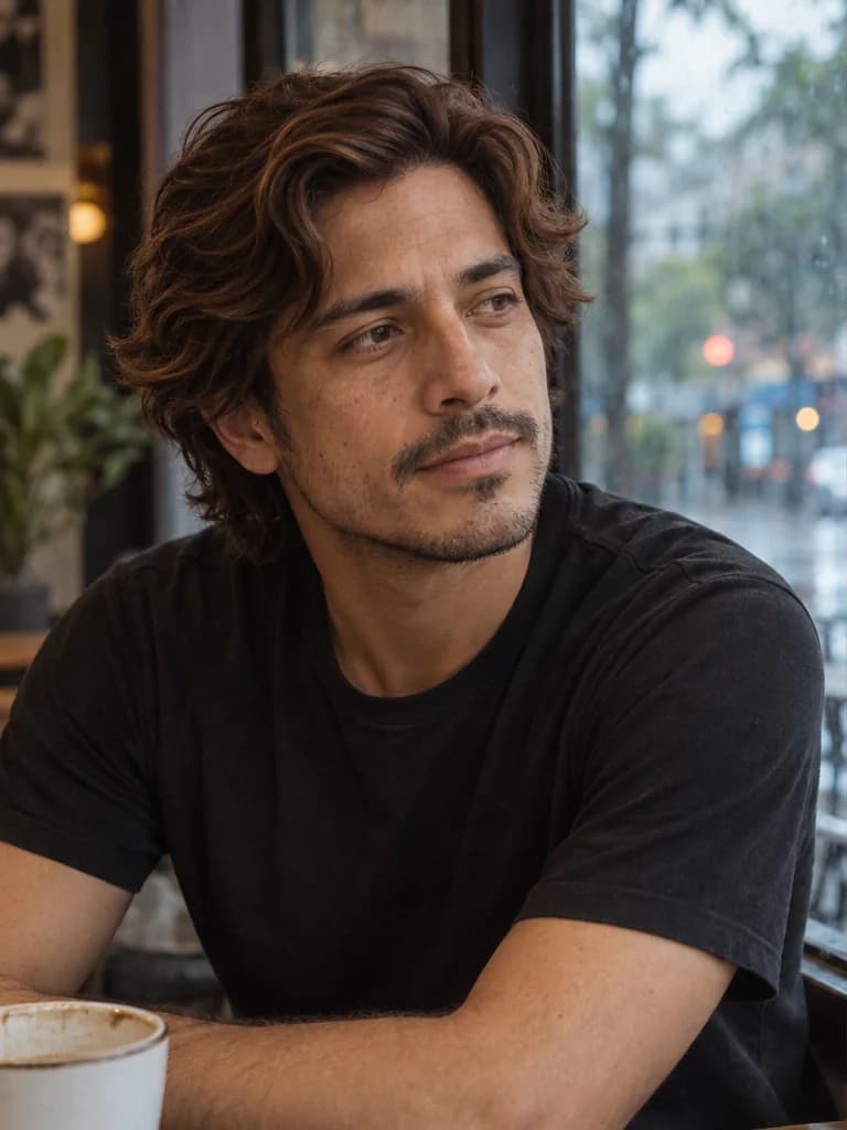 Man with wavy hair at a cafe window comparing warm chocolate and cool ash brown shades; before color change
