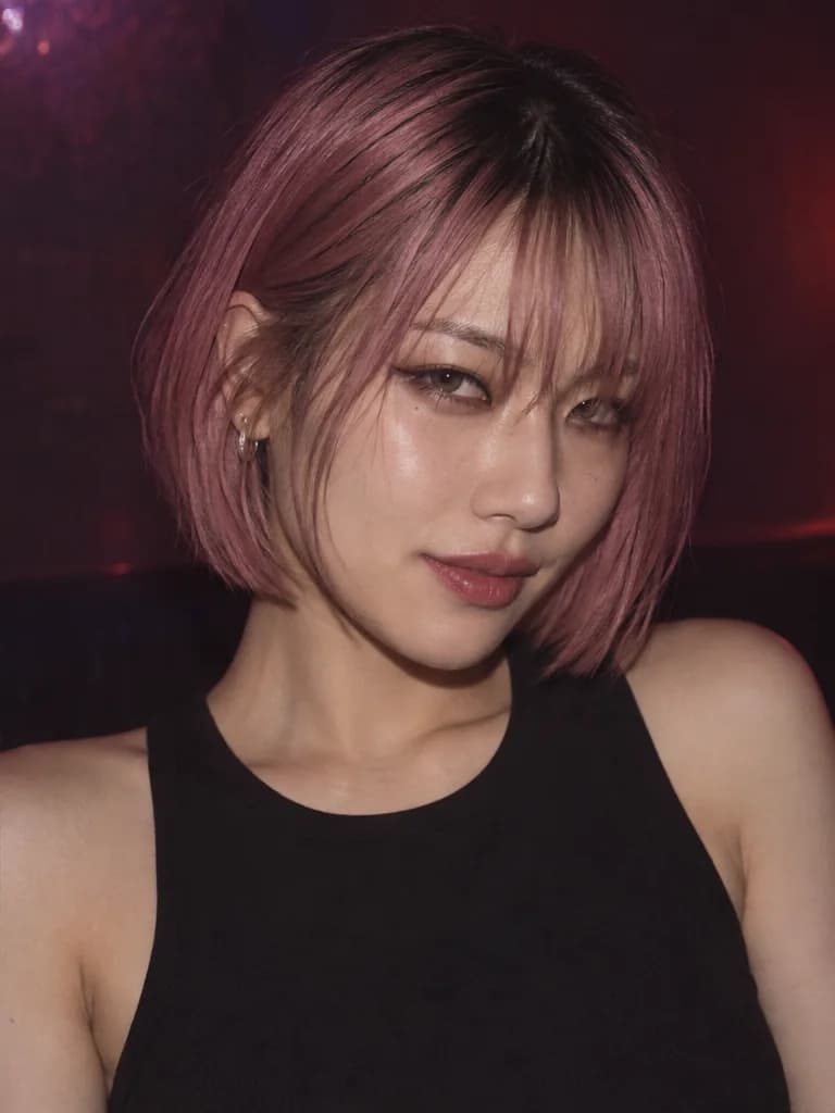 East Asian woman with a sharp bob in an expressive music-night portrait, comparing black and dusty rose hair; illustrative color preview