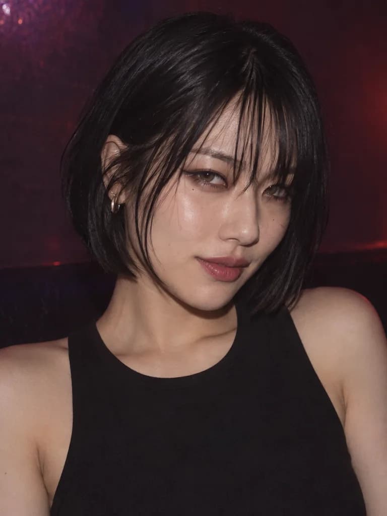East Asian woman with a sharp bob in an expressive music-night portrait, comparing black and dusty rose hair; before color change