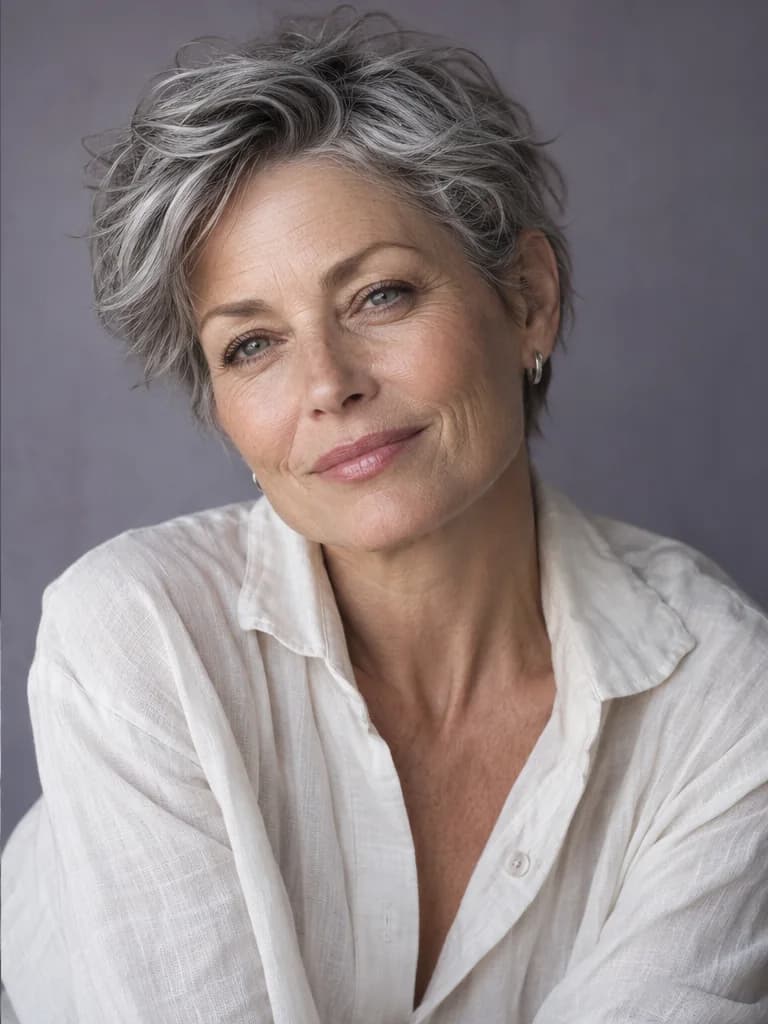 Mature woman with a short waved pixie comparing ash brown and dimensional silver gray hair; illustrative color preview
