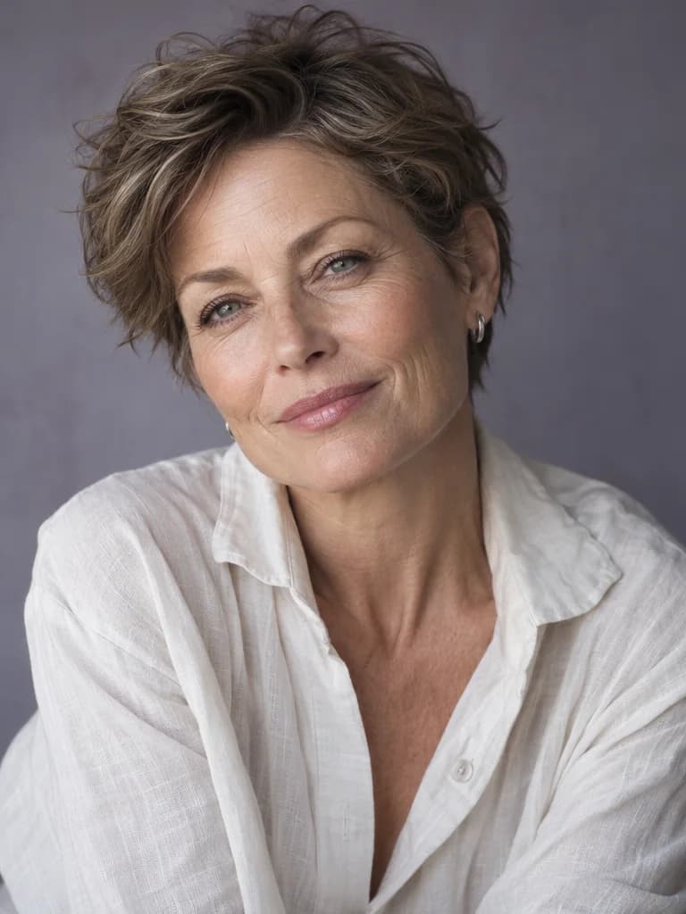 Mature woman with a short waved pixie comparing ash brown and dimensional silver gray hair; before color change