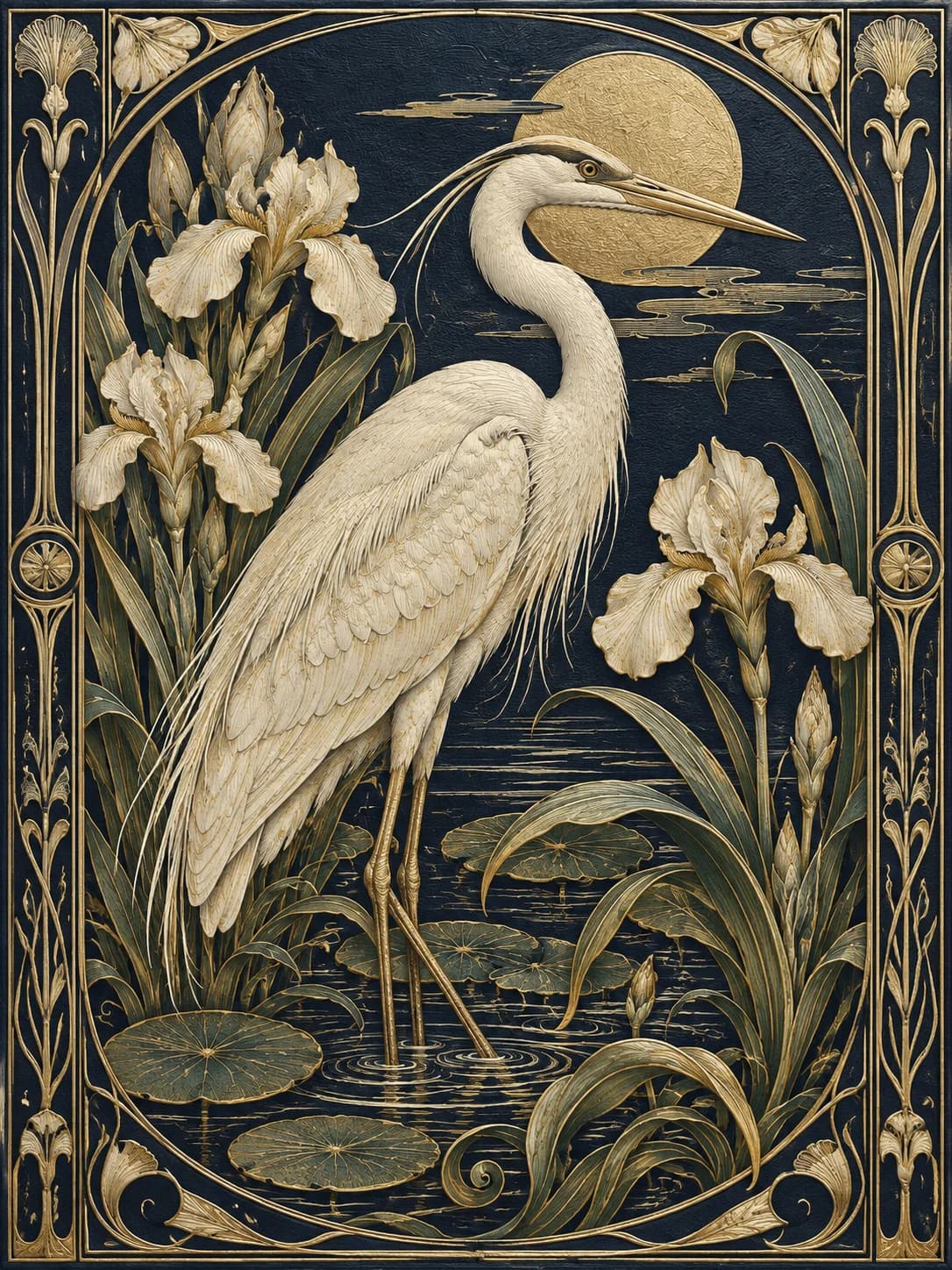 Art nouveau heron and iris botanical engraving
