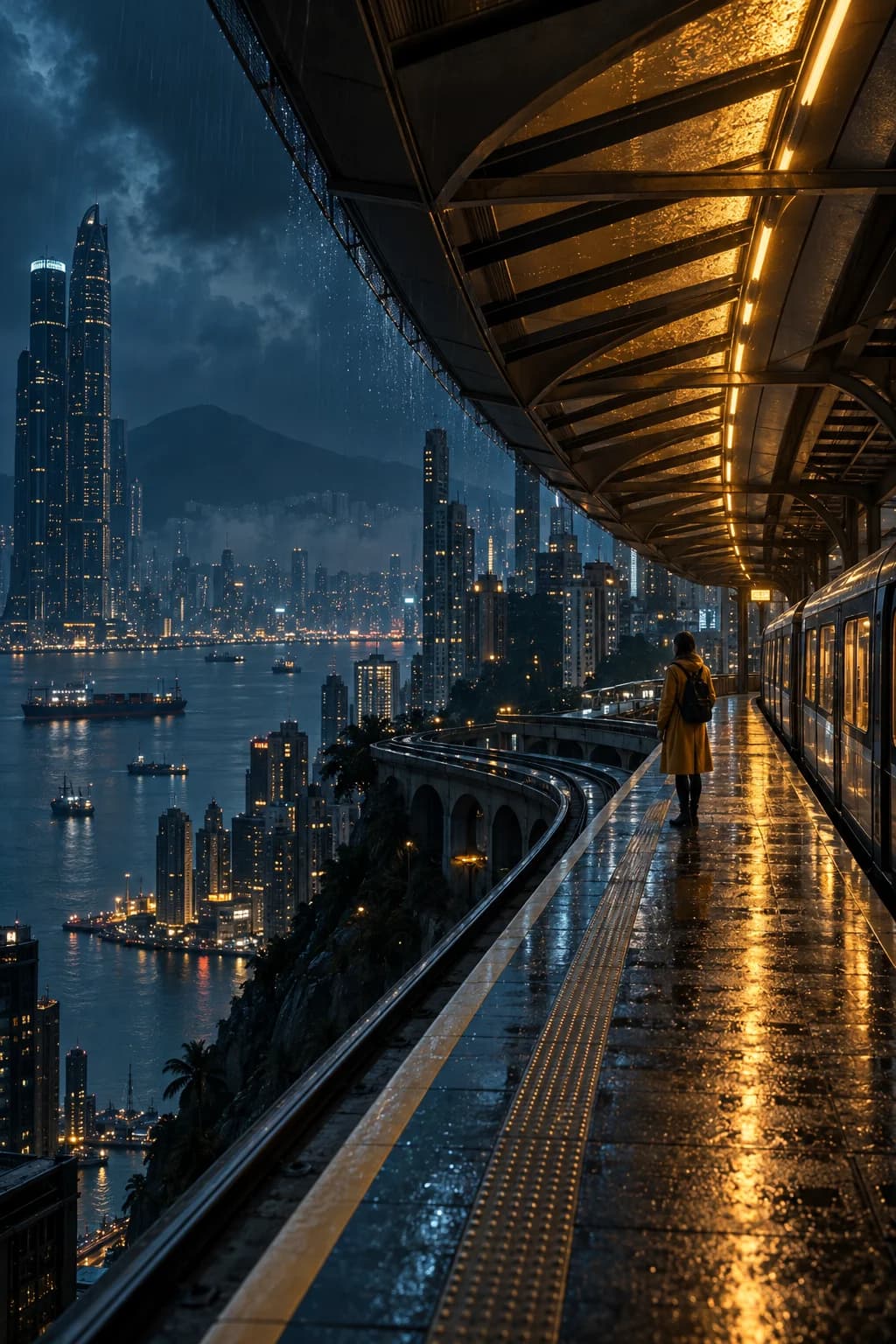 Cinematic rain-soaked futuristic train platform