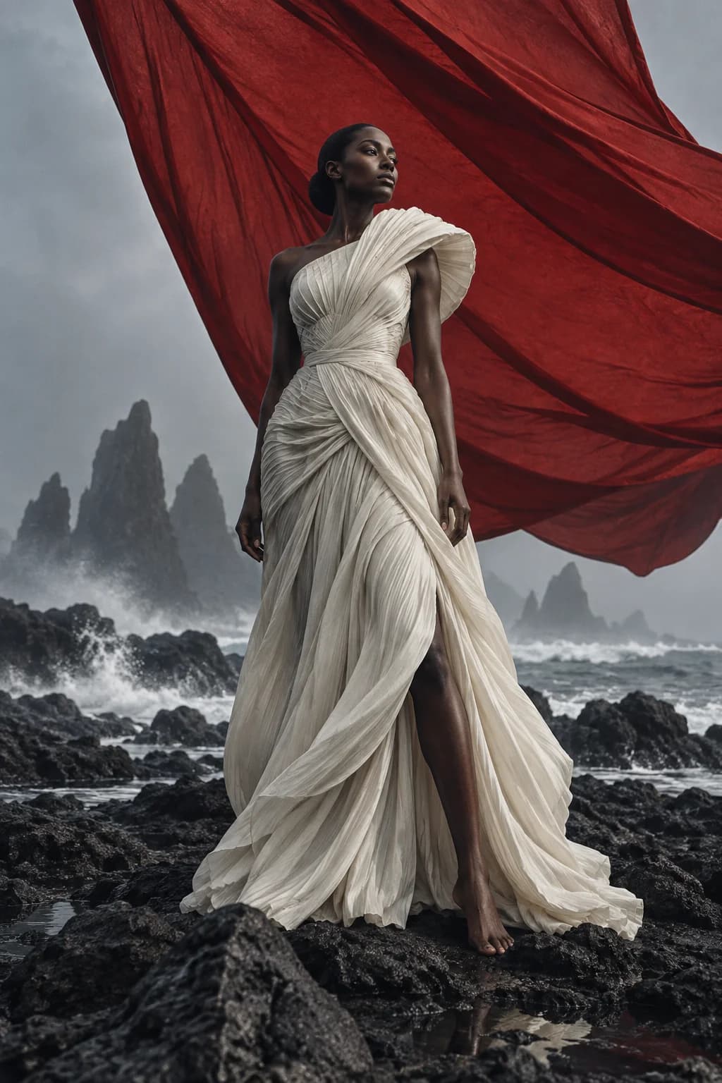 Sculptural couture and a crimson sail on a volcanic shore