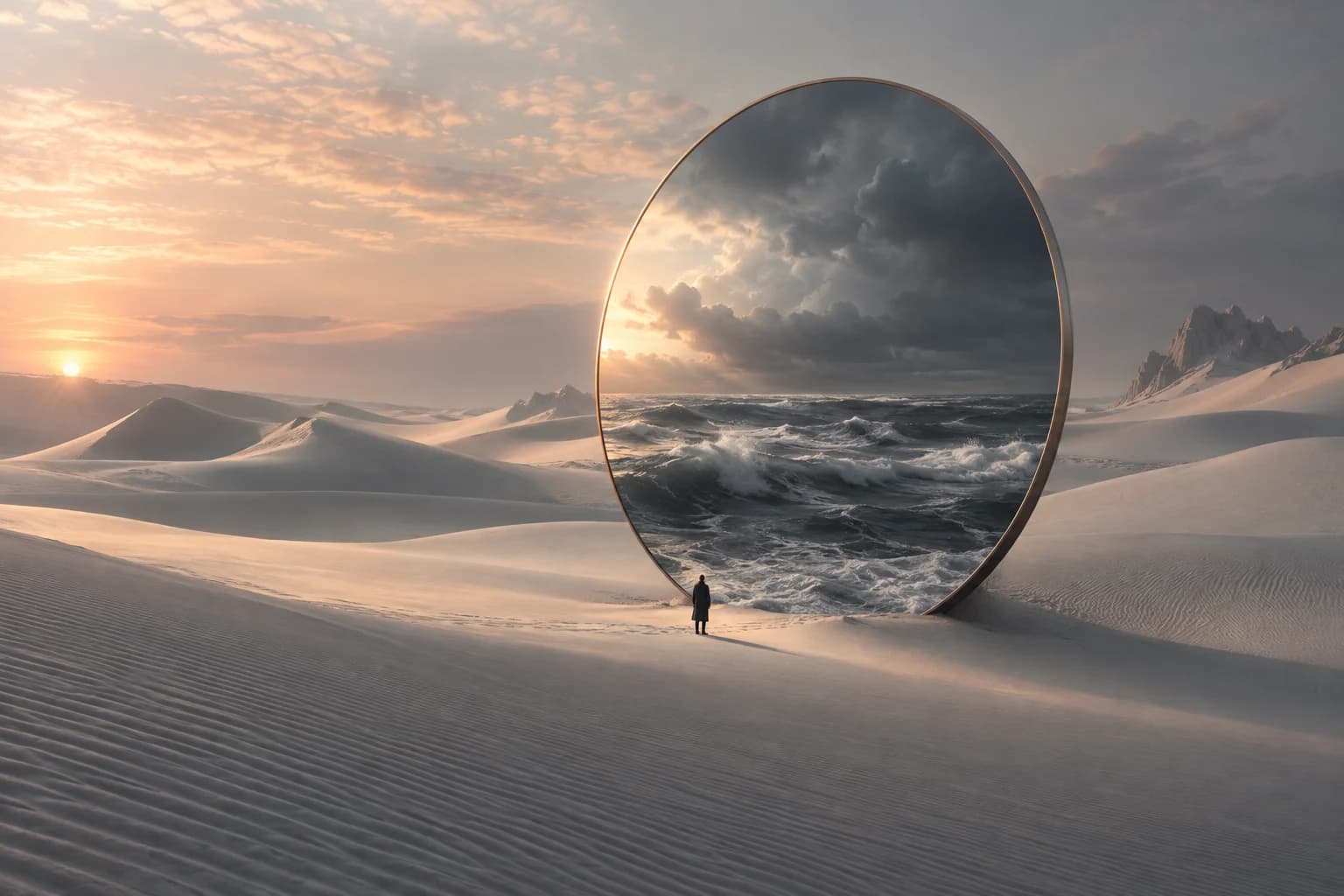 Surreal ocean mirror among desert dunes