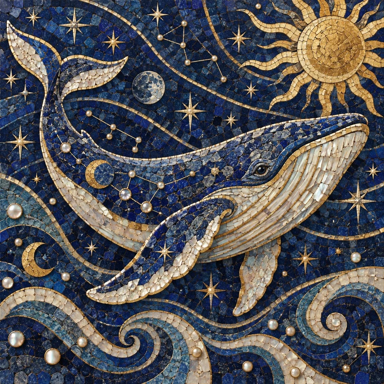 Gold and lapis celestial whale mosaic
