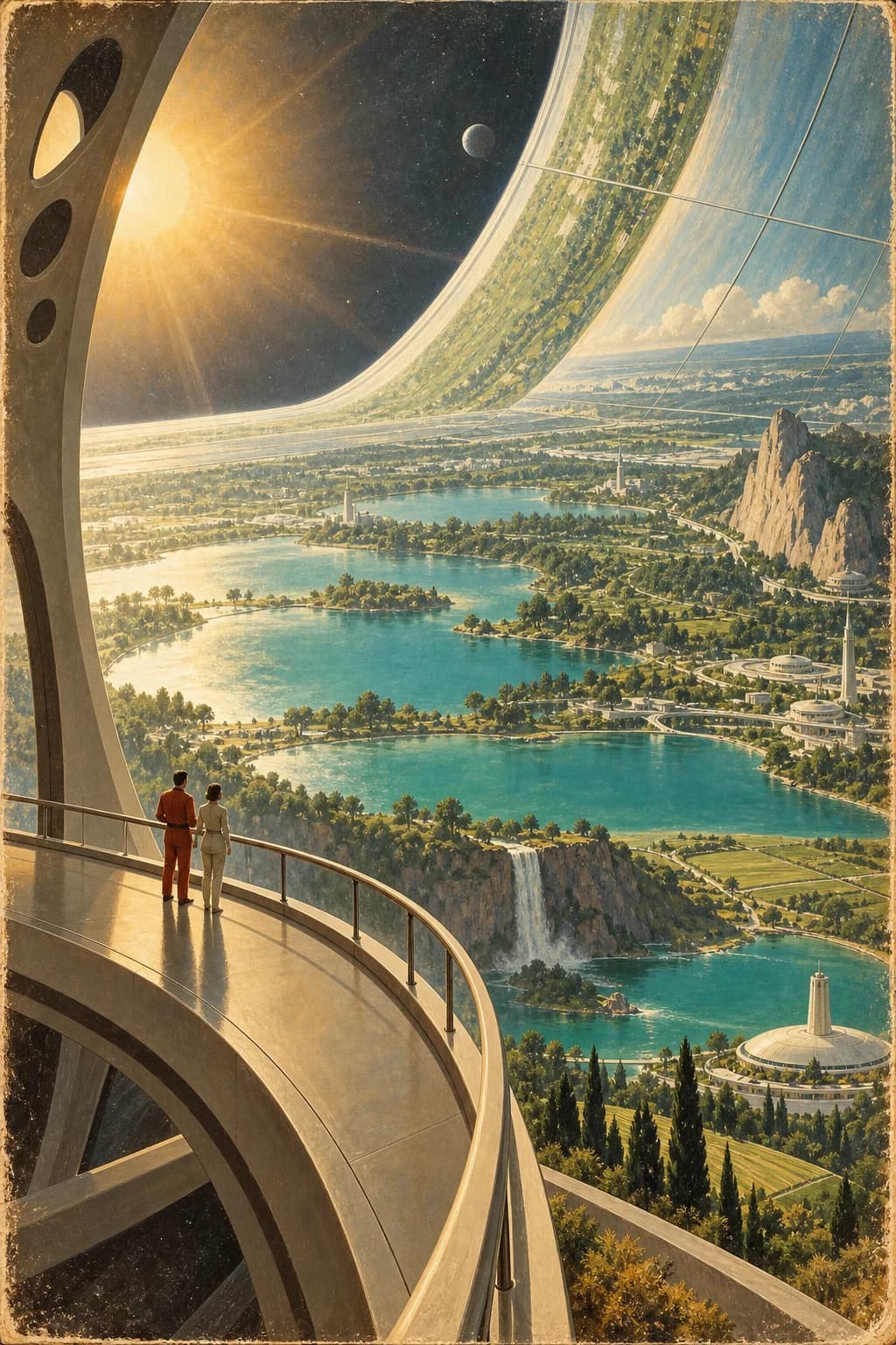 Retro-futurist orbital garden illustration