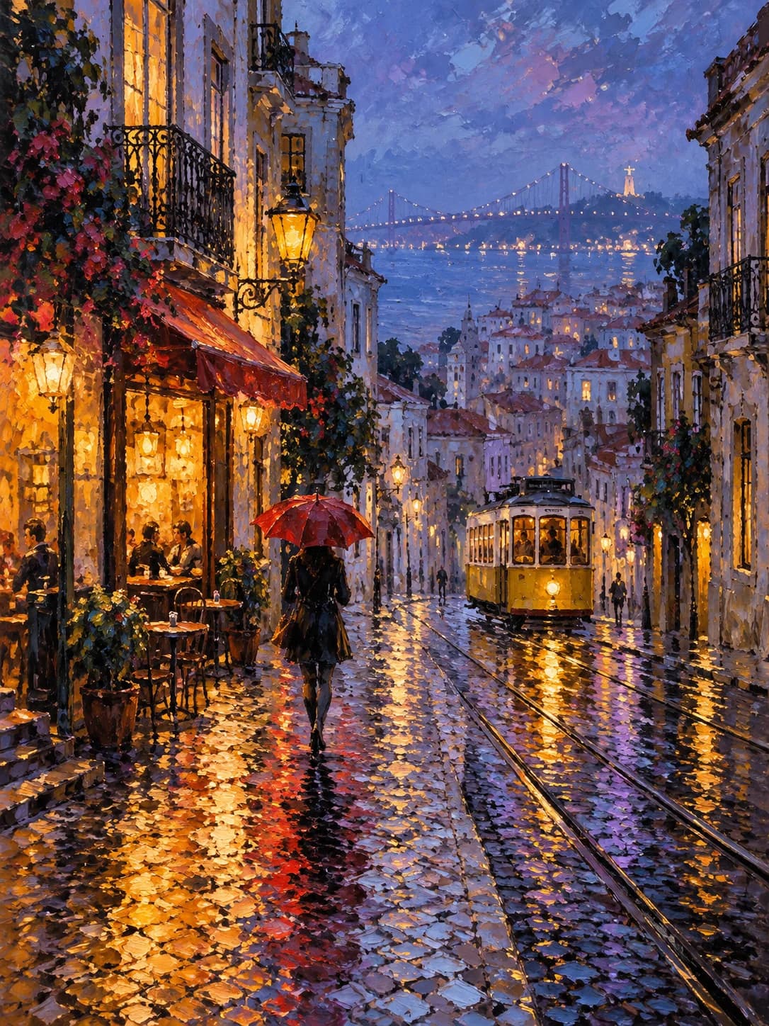 Impressionist rainy Lisbon street painting