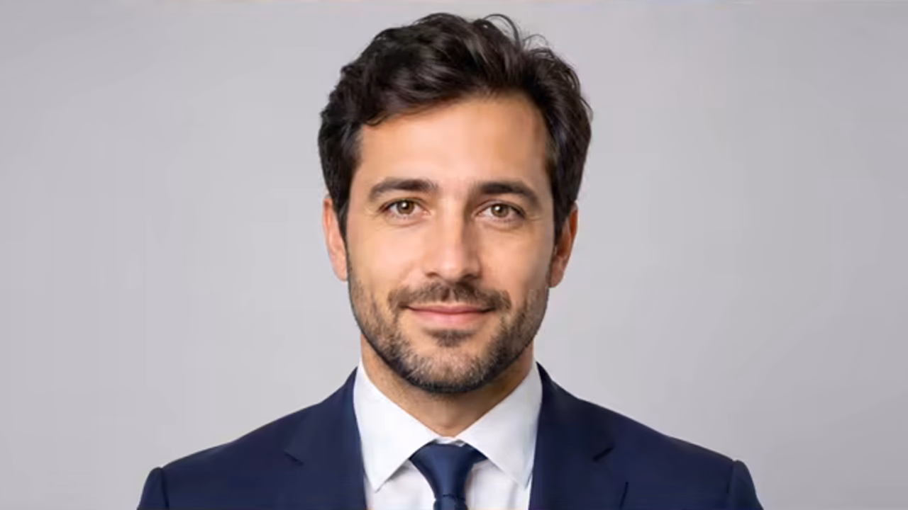 Upper-body portrait before and after a casual shirt is replaced with a navy business suit