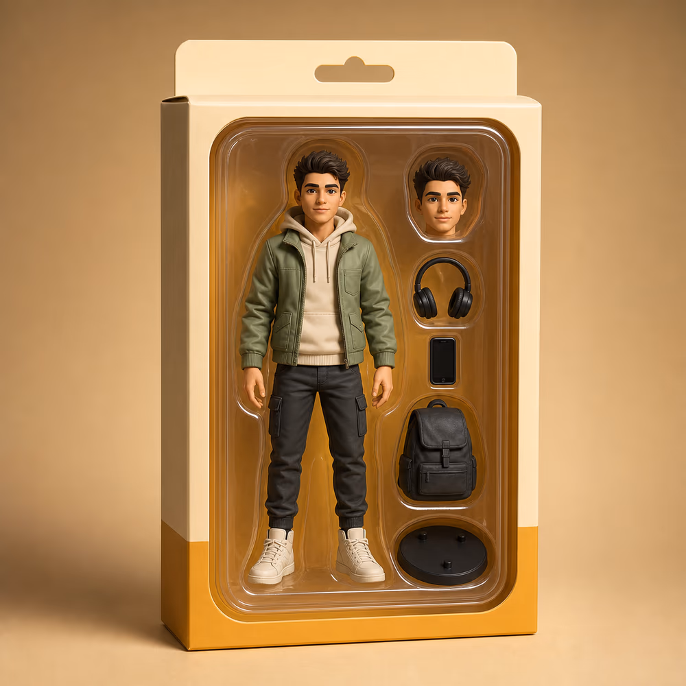 Collectible action figure in generic toy packaging with accessories and studio lighting