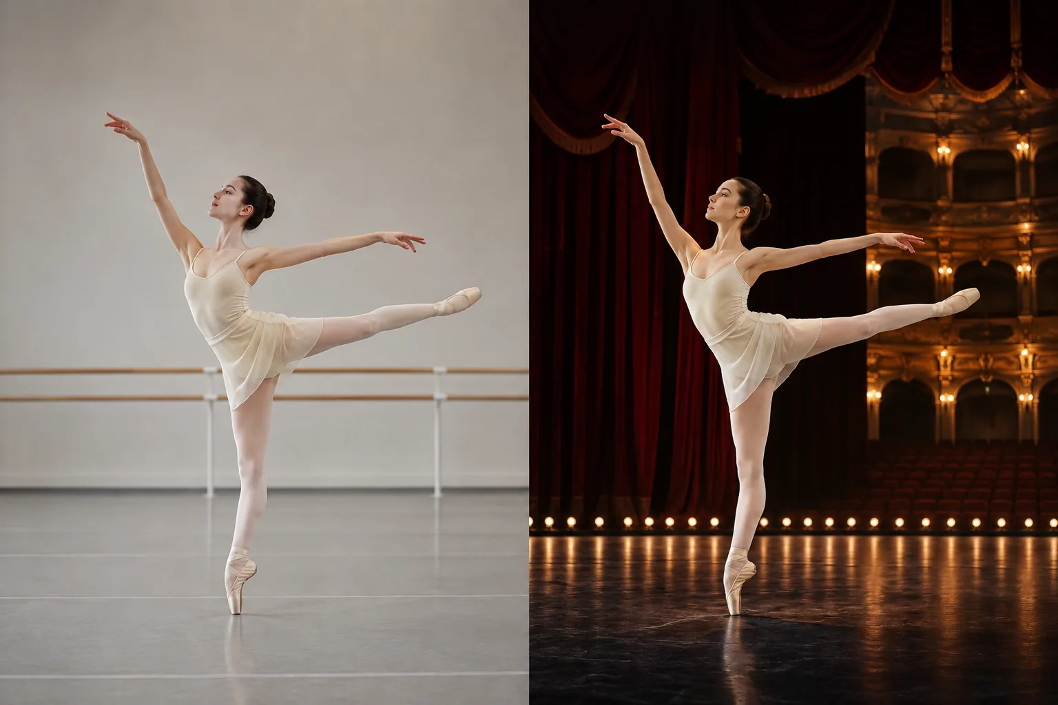 AI Background Changer before and after example moving a ballet dancer from a neutral rehearsal studio to a warm historic theater stage