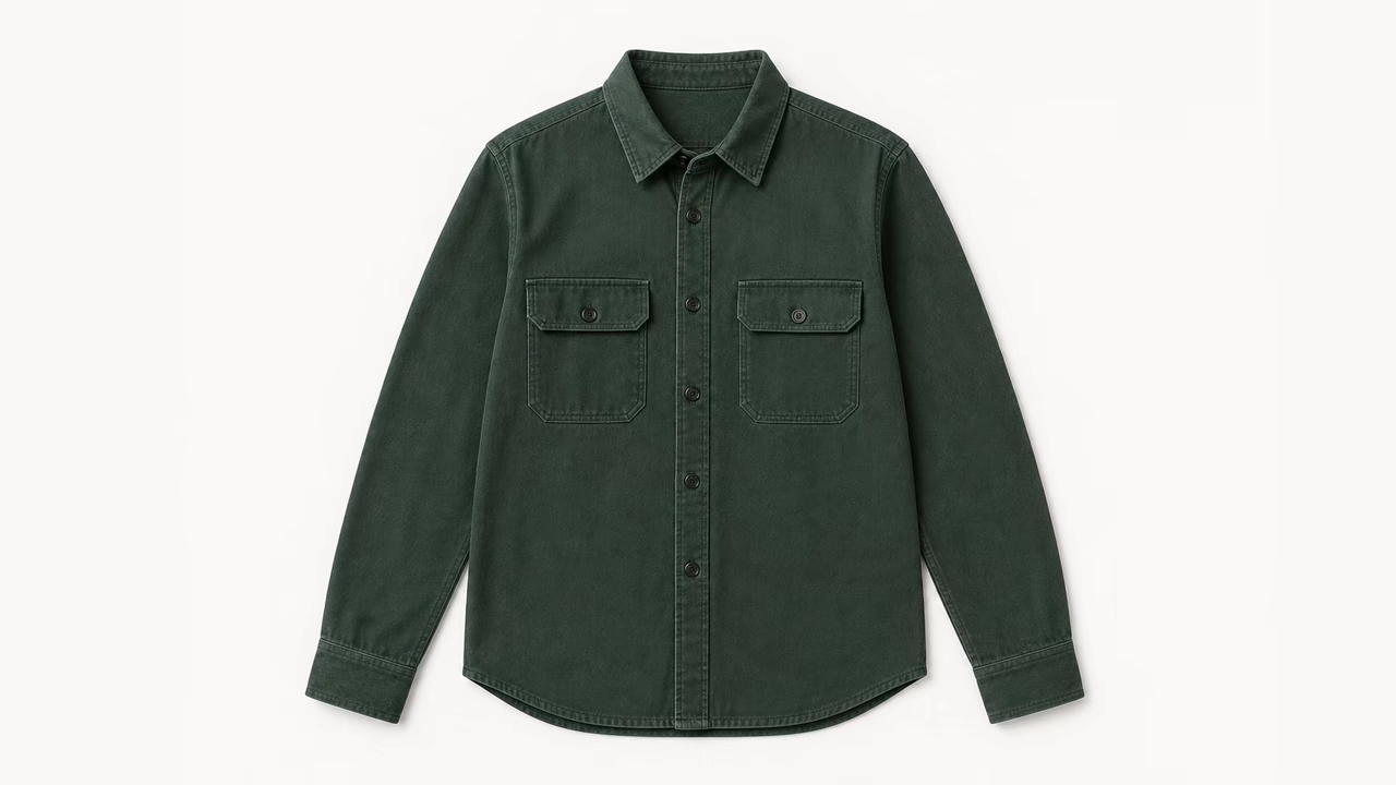 Forest green overshirt transformed from a hanger photo into a clean AI clothing flat lay