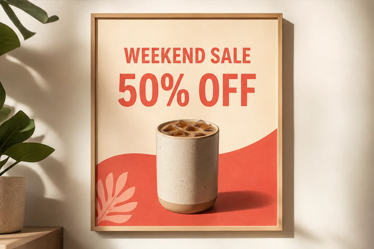 AI Image Text Editor result showing a coffee poster with the offer changed to 50 percent off