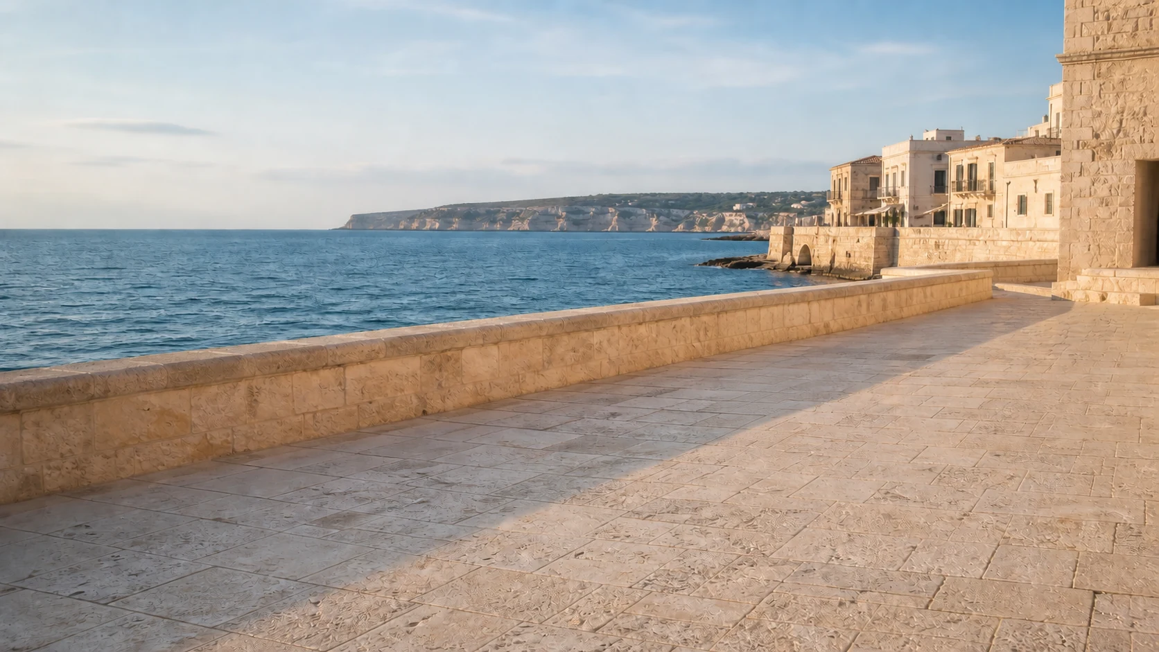 Coastal stone promenade after a red trash bin and its contact shadow are removed while the sea, railing, buildings, paving, and warm light remain