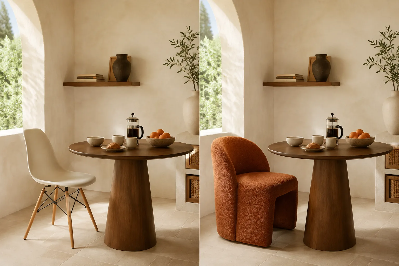 AI Object Replacer before and after example replacing a white dining chair with an orange sculptural chair in a Mediterranean breakfast nook
