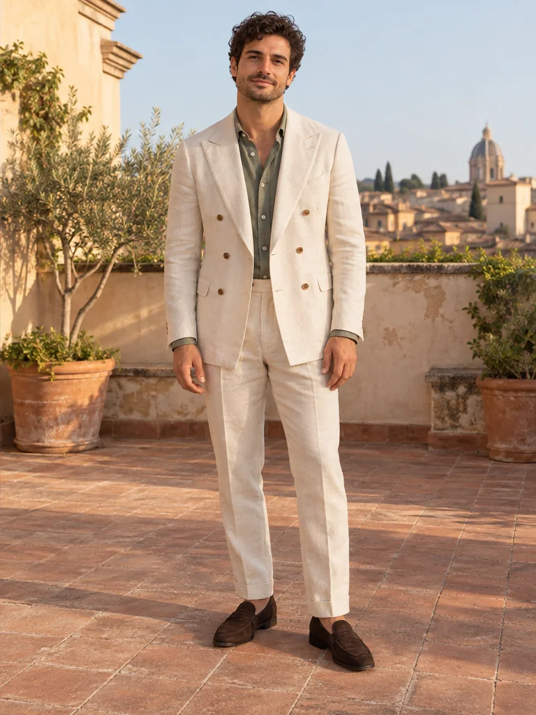 Same man in a cream linen suit and sage shirt