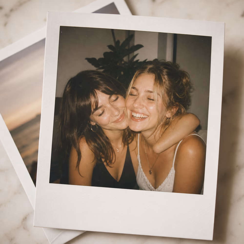Warm instant-film style photo with a white frame and realistic paper texture