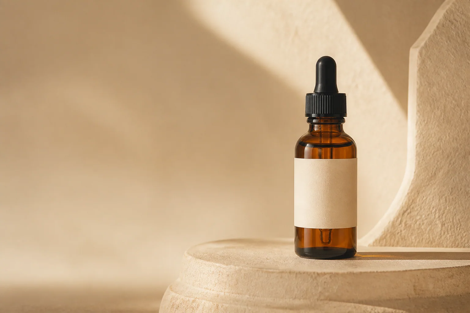 AI Product Ad Generator result with an amber skincare bottle and clean negative space in a warm studio advertisement