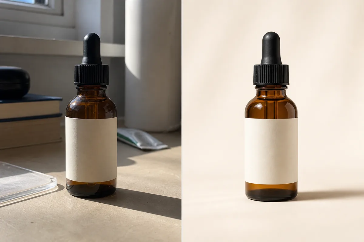 AI Product Photo Editor example with an amber skincare bottle before and after a clean studio edit