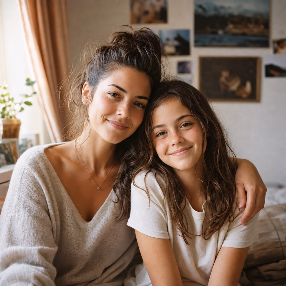Warm memory-style portrait of an adult with a younger version in a softly lit room