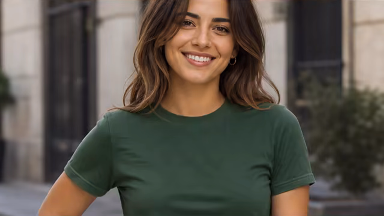 Portrait before and after a mustard-yellow shirt is recolored deep green while the person remains unchanged