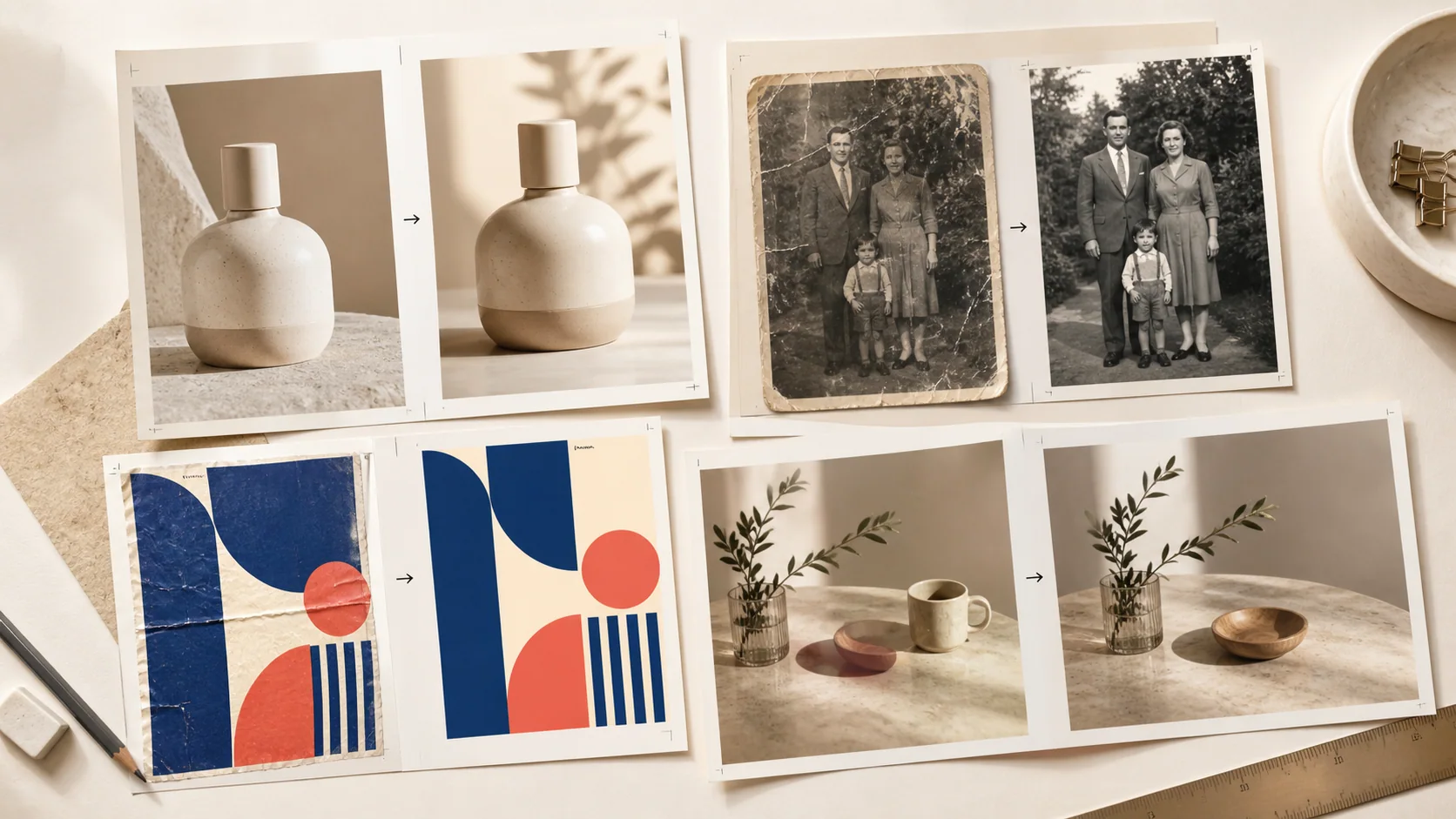 ChatGPT Image Editor visual with a product photo, restored family photo, geometric poster, and object removal example