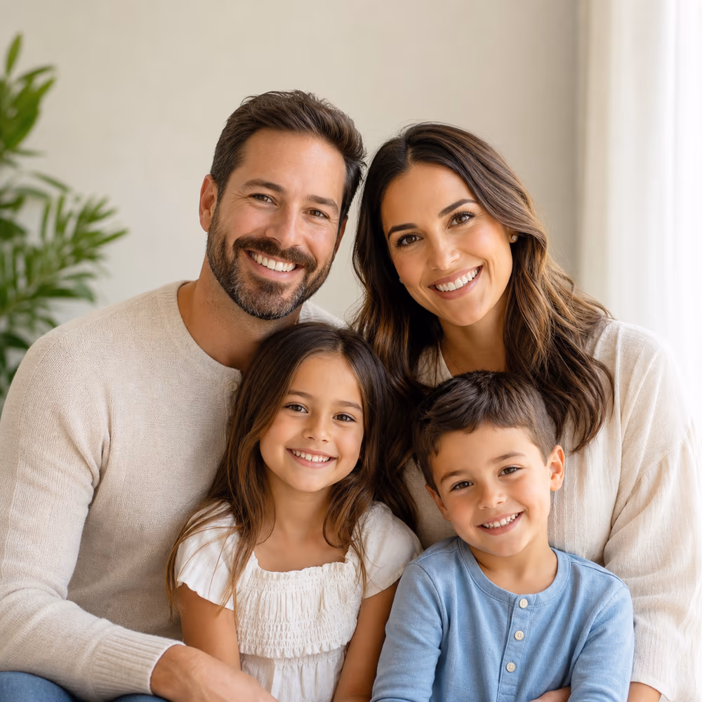 Modern family portrait with four people in soft studio light