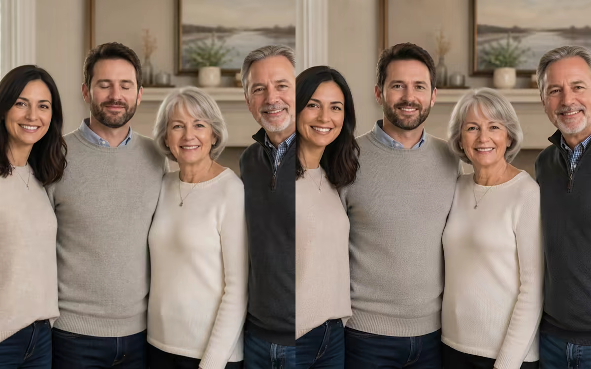 Before and after family photo with one person’s closed eyes repaired naturally