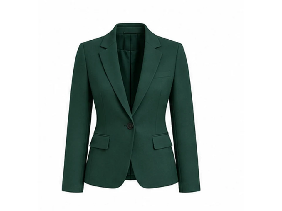 AI ghost mannequin generator before and after example for a structured green jacket