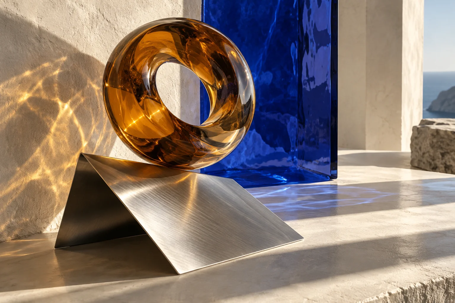 Amber glass sculpture and brushed aluminum in architectural sunlight