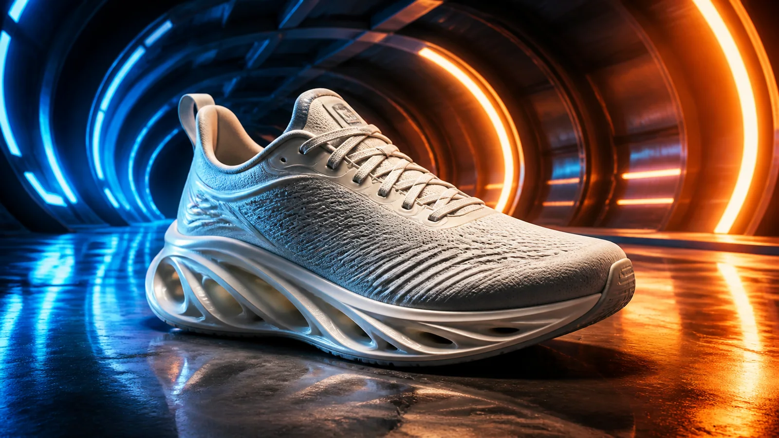 Running shoe restyled inside a futuristic cobalt and amber tunnel