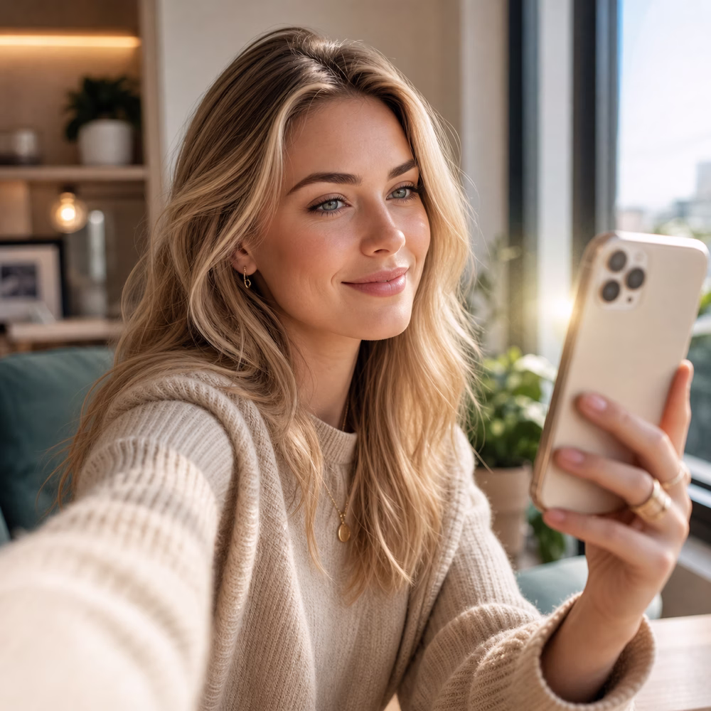 Close-up portrait of a white woman taking a warm natural-light selfie in a cozy room