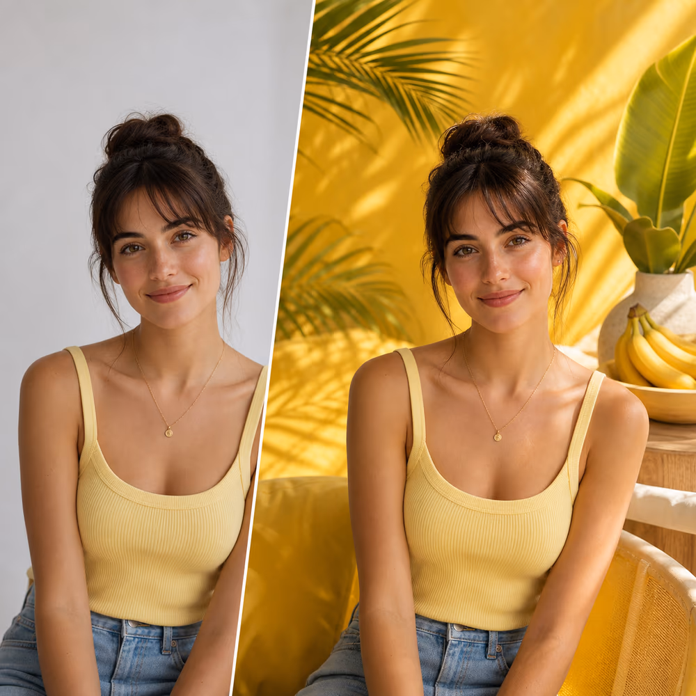 Before and after AI photo edit with a preserved portrait and bright yellow studio background